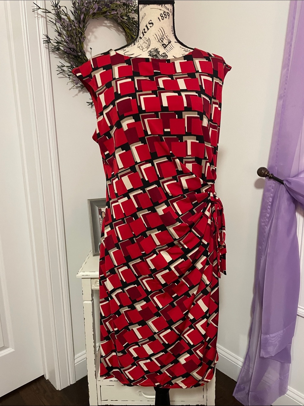 R&K Red Geometric Tie-Waist Midi Dress